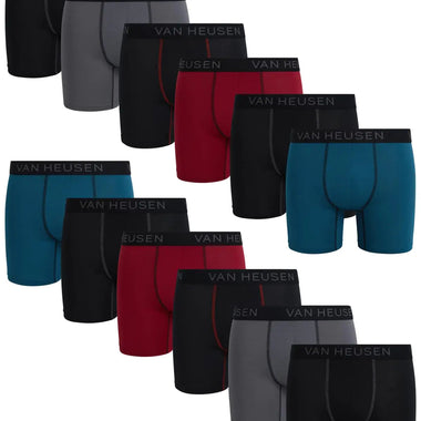 Van Heusen Mens Boxer Briefs - 12 Pack Soft Stretch Moisture Wicking Athletic Performance Underwear Boxers for Men (S-XL) Size Small Black/Tibetan Red/Black/Legion Blue/Black/Medium Grey Bezurvan.com